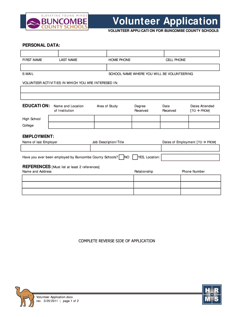 Get and Sign Buncombe County Schools Volunteer Form 2011-2022