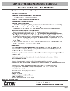 Student Enrollment Form Schools Cms K12 Nc