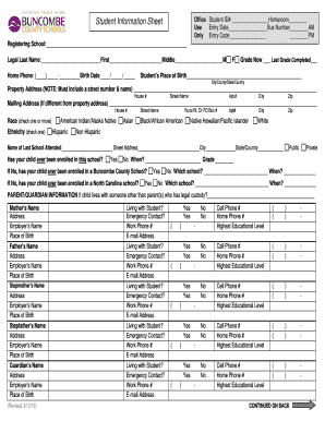  Student Information Sheet Buncombe County Schools Buncombe K12 Nc 2013