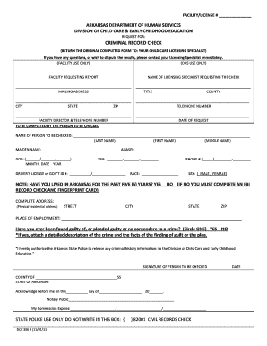Criminal Record Check Ar920100z Arkansas Department of Human Humanservices Arkansas  Form