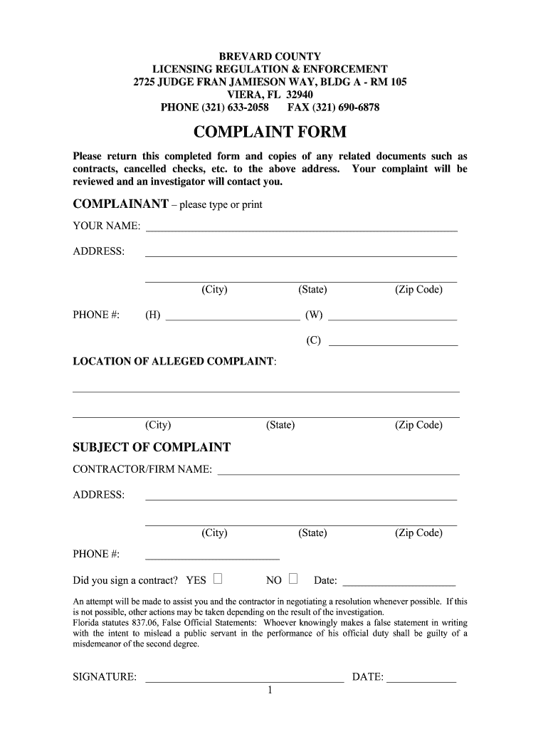 COMPLAINT FORM Brevard County