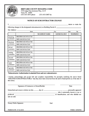Change of Subcontractor Brevard County  Form
