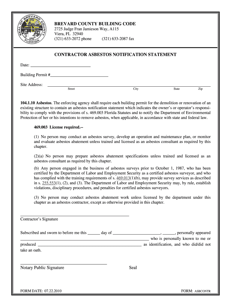 Contractor Asbestos Notification Statement Brevard County  Form