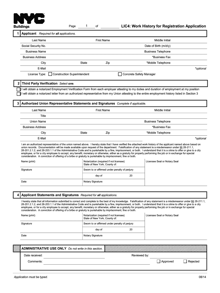 LIC4 Work History for Registration Application  Home Nyc  Form