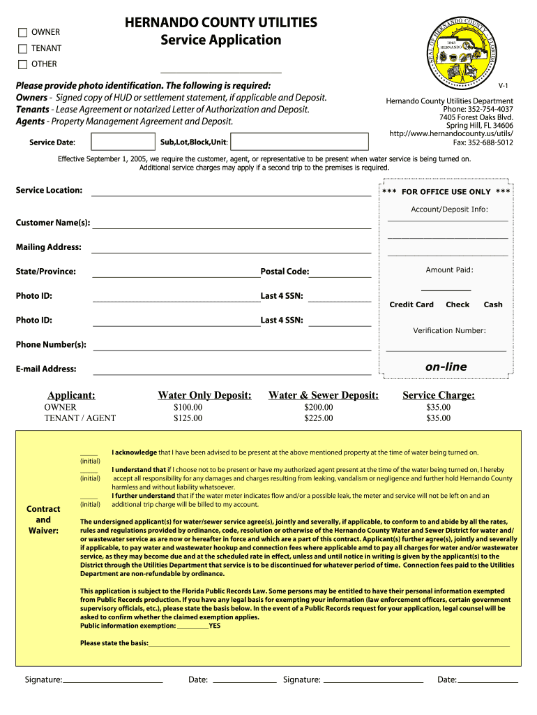 Hernando County Florida Utilities Service Application Form