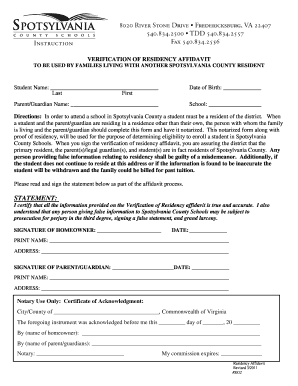 VERIFICATION of RESIDENCY AFFIDAVIT to BE USED by FAMILIES LIVING with ANOTHER SPOTSYLVANIA COUNTY RESIDENT Student Name Last Fi  Form