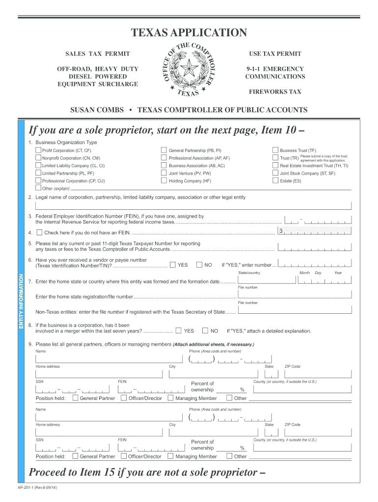 AP 201 Texas Application for Sales and Use Tax Permit  SALTware  Form