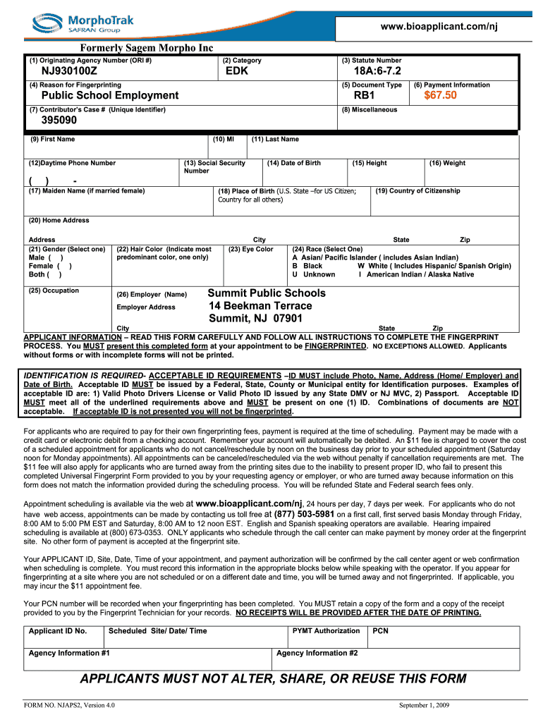 Universal Fingerprint Form Nj Education