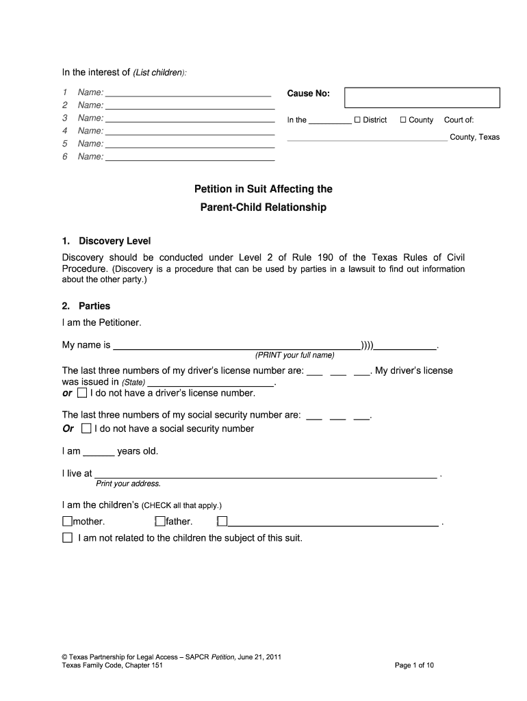 Petition in Suit Affecting the Parent Child Relationship  Texaslawhelp  Form