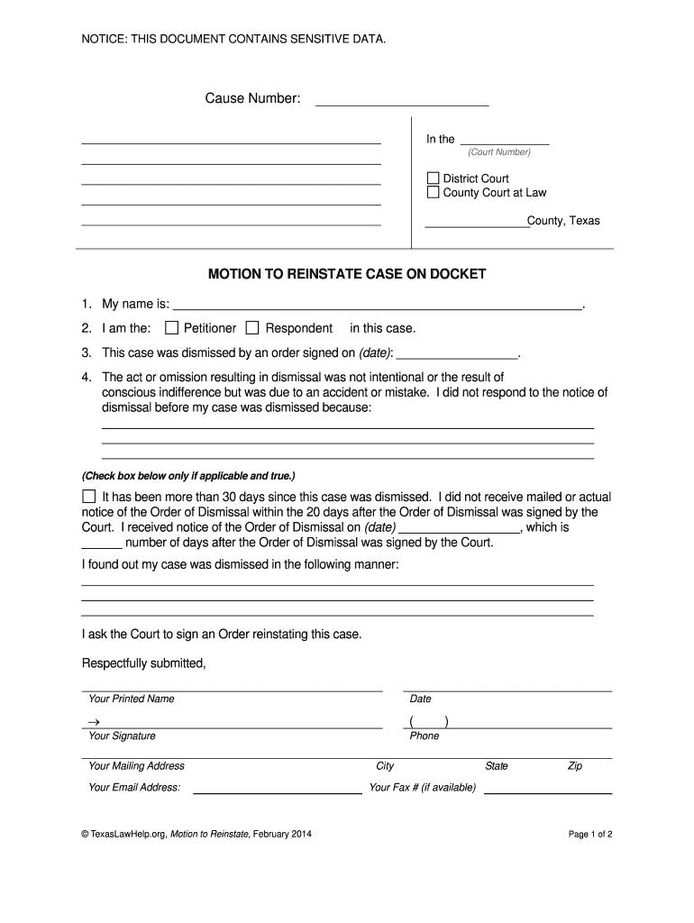 Sample Motion to Reinstate Texas  Form