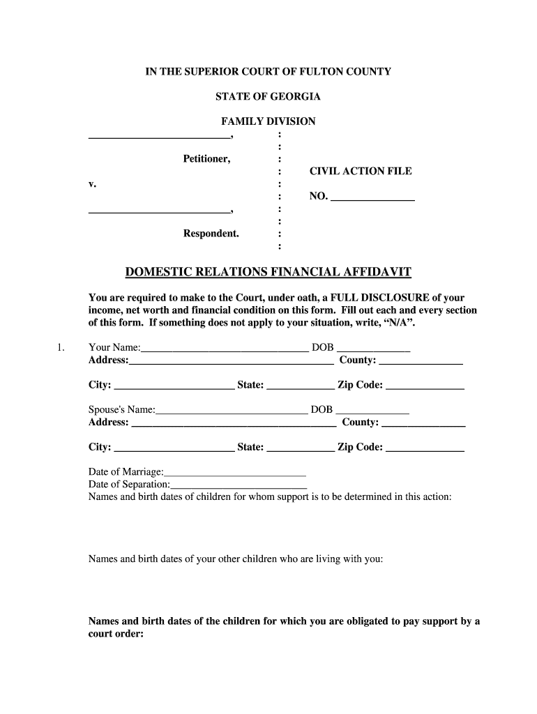 Fulton County Domestic Relations Financial Affidavit  Form