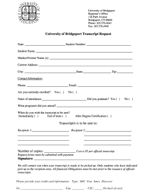 University of Bridgeport Transcript  Form