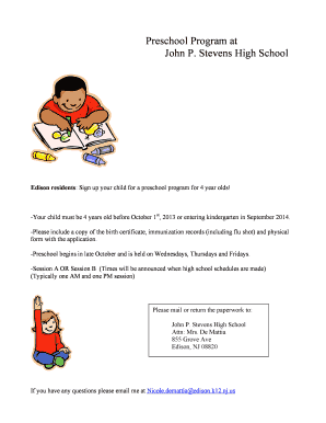 Preschool Program at John P Stevens High School Edison K12 Nj  Form