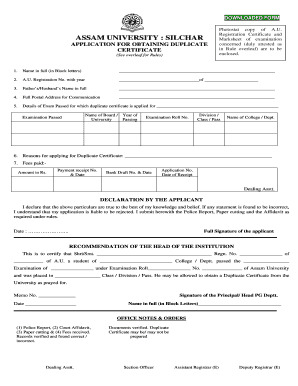 Assam University Original Certificate Form PDF