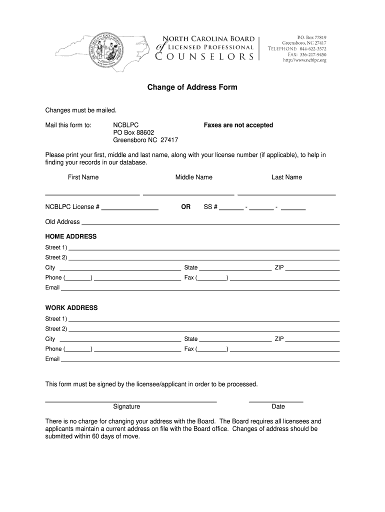 Change of Address PDF  North Carolina Board of Licensed    Ncblpc  Form