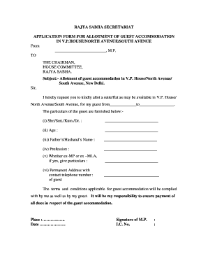Application Form for Allotment of Guest Accommodation Rajya Sabha