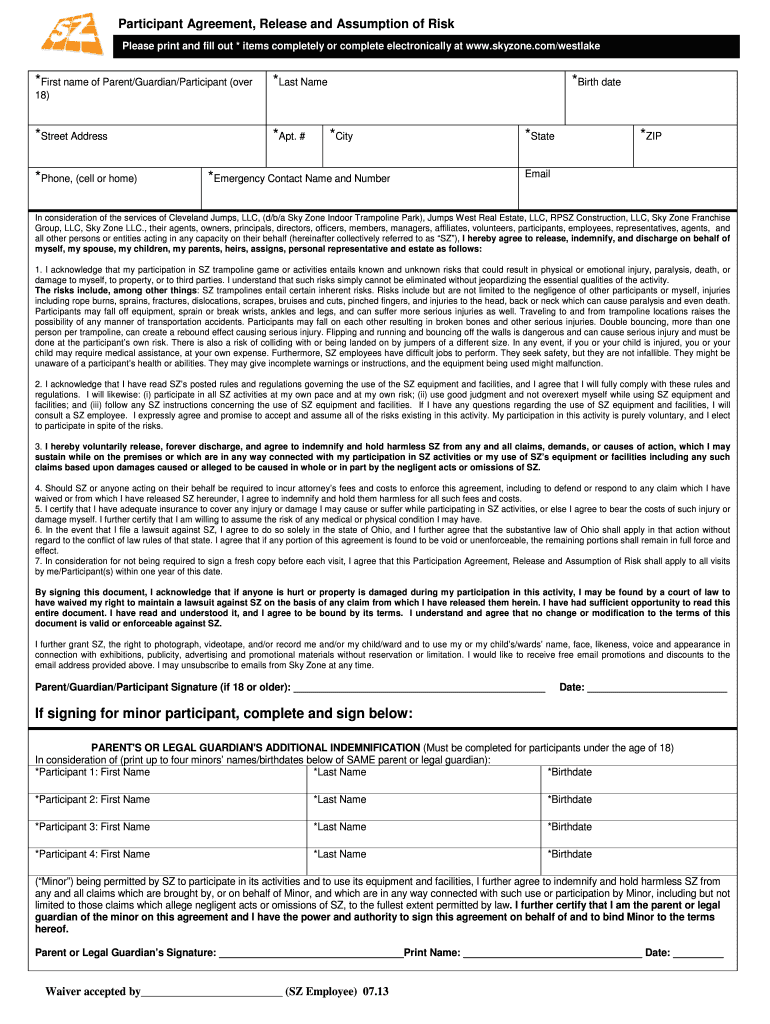 Skyzone Waiver 20132024 Form Fill Out and Sign Printable PDF