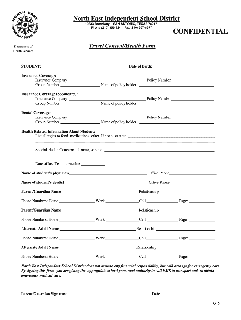  Medication Addendum to Parent Travel Consent Form  North East    Neisd 2012-2024