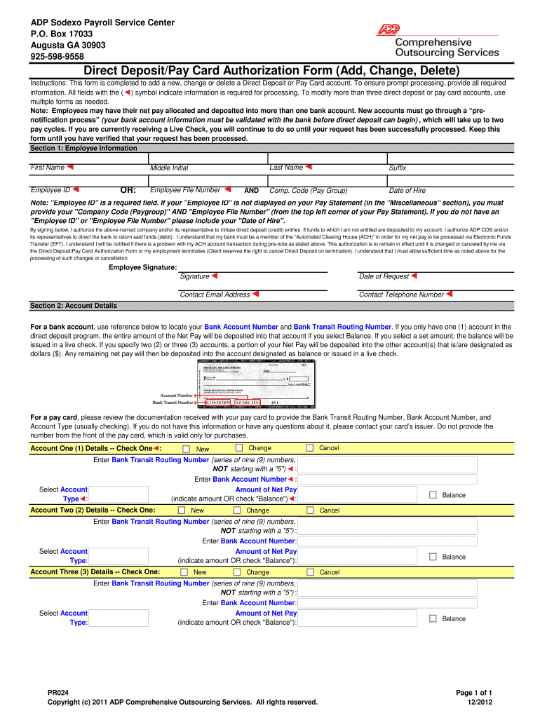 Sodexo Direct Deposit  Form