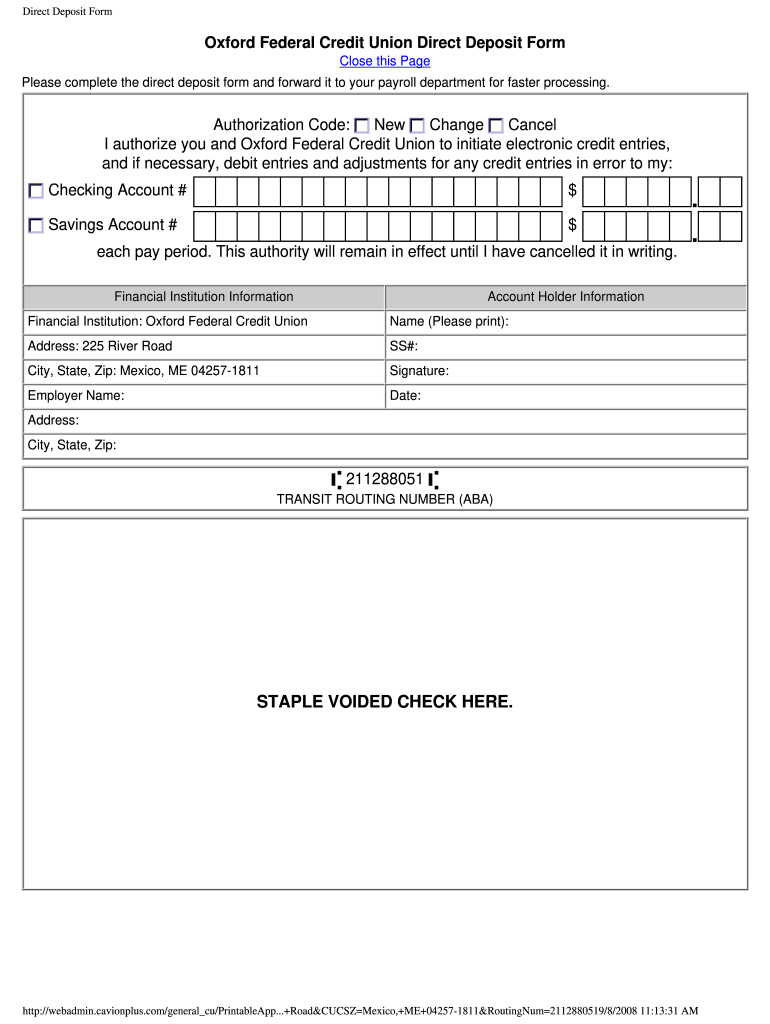 Oxford Federal Credit Union Routing Number  Form