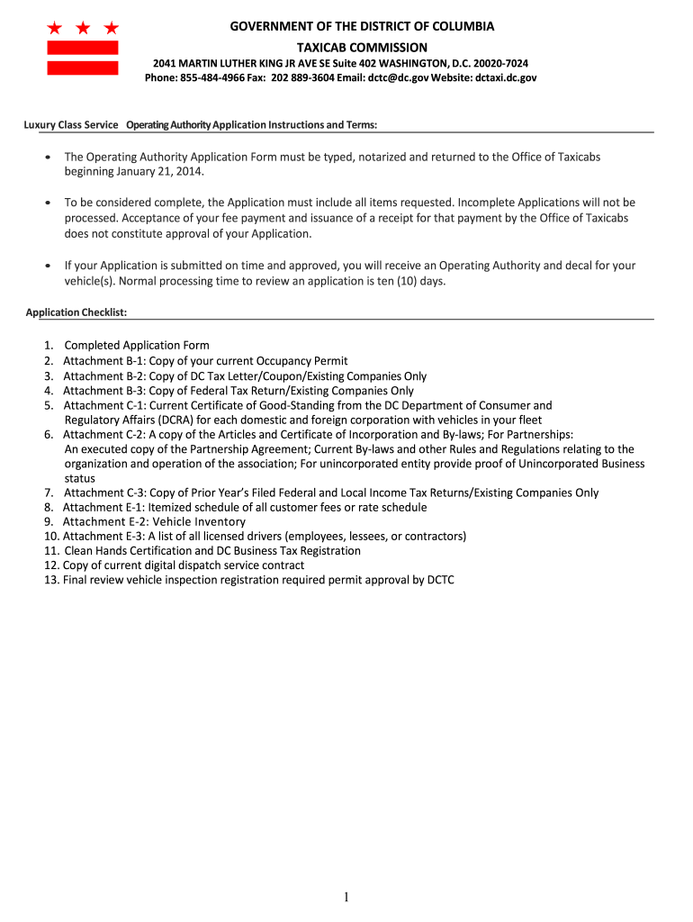 L Tag Operating Authority Application Form  Dc Taxi  the District of    Dctaxi Dc