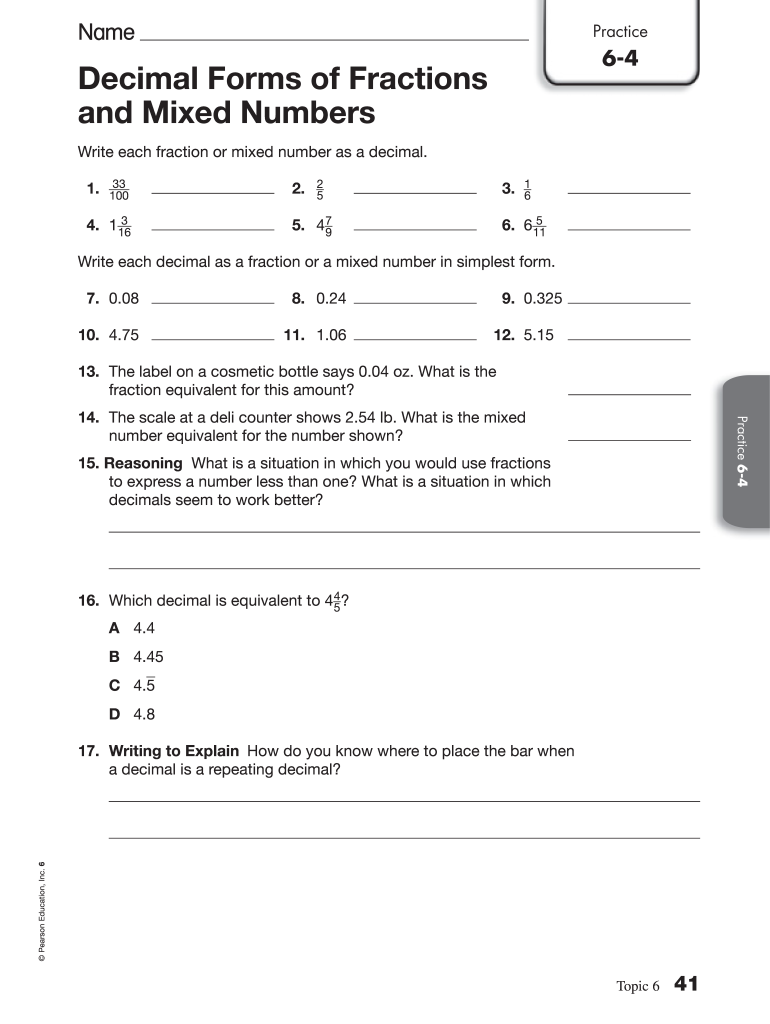 Decimal Forms of Fractions and Mixed Numbers Practice 6 4