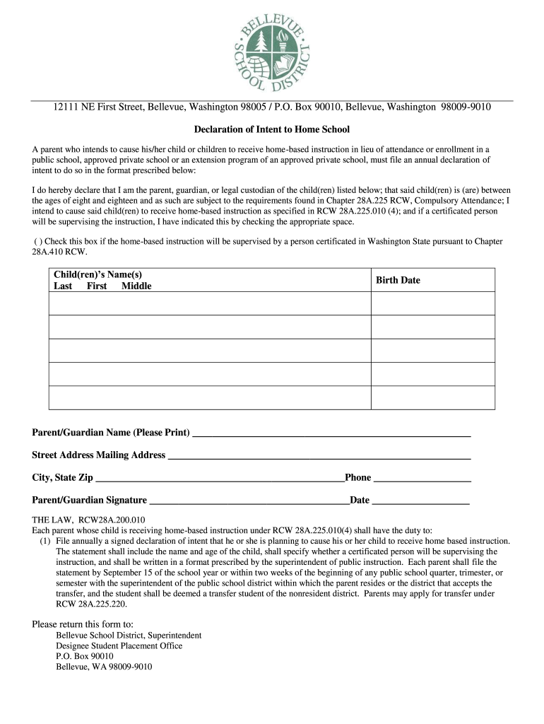 Declaration of Intent to Home School  Bellevue School District  Bsd405  Form