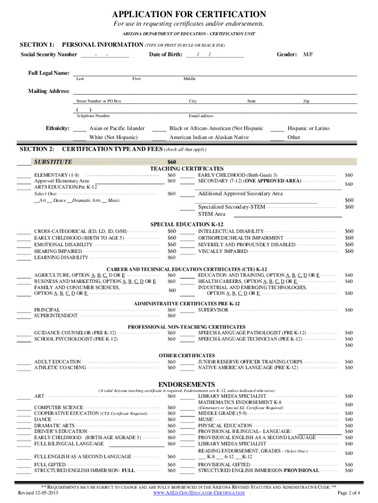 Application for Certification PDF  Arizona Department of Education  Azed  Form