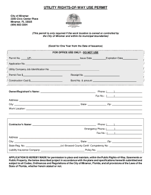 UTILITY RIGHTS of WAY USE PERMIT City of Miramar Ci Miramar Fl  Form