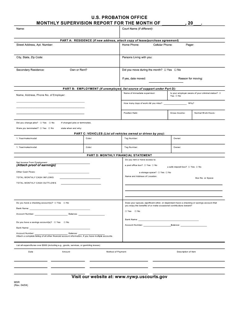 Us Probation Office Monthly Supervision Report Form