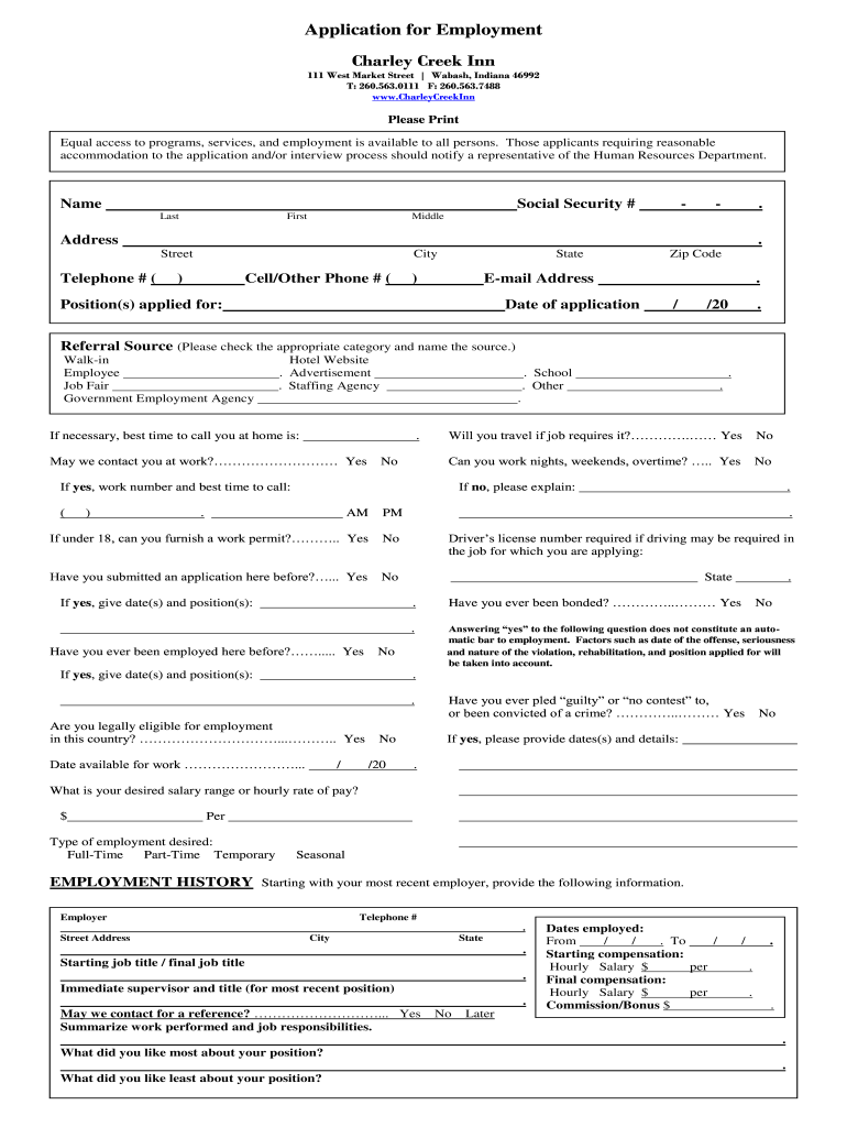 Application for Employment Charley Creek Inn  Form