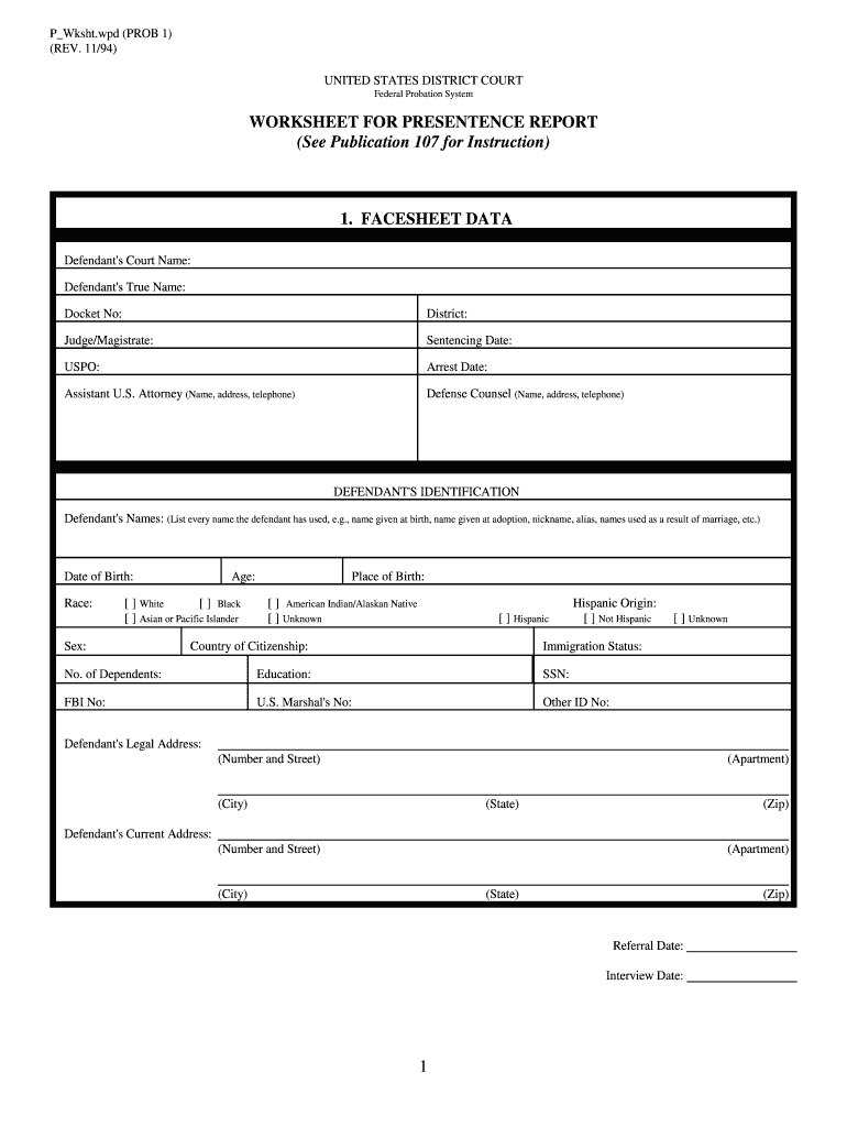  Worksheet for Pre Sentence Report 1994