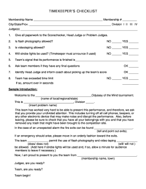 TIMEKEEPER39S CHECKLIST Odyssey of the Mind  Form