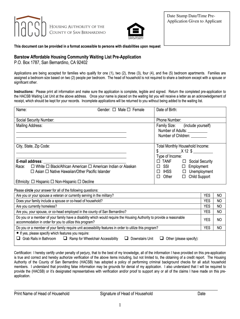 Get and Sign San Bernardino County Housing Authority Waiting List 2014-2022 Form