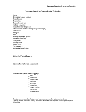 Asha S Adult Language Cognitive Communication Evaluation Template  Form