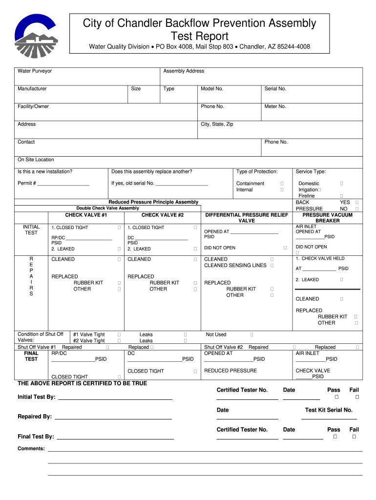 City of Chandler Backflow Prevention Assembly Test Report  Chandleraz  Form