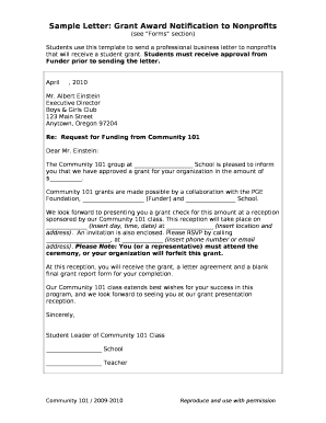 Sample Letter Grant Award Notification to Nonprofits  Form