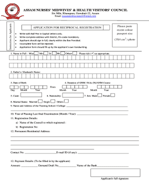 Assam Nursing Council Reciprocal Registration  Form