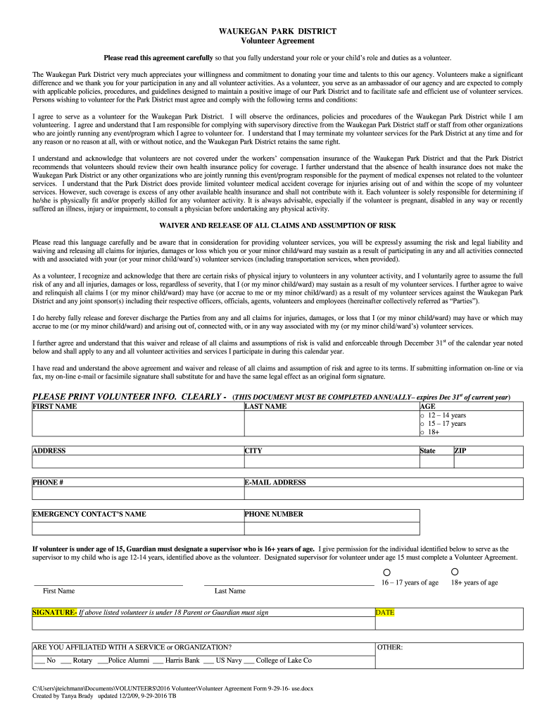  Please Read This Agreement Carefully so that You Fully Understand Your Role or Your Childs Role and Duties as a Volunteer 2016