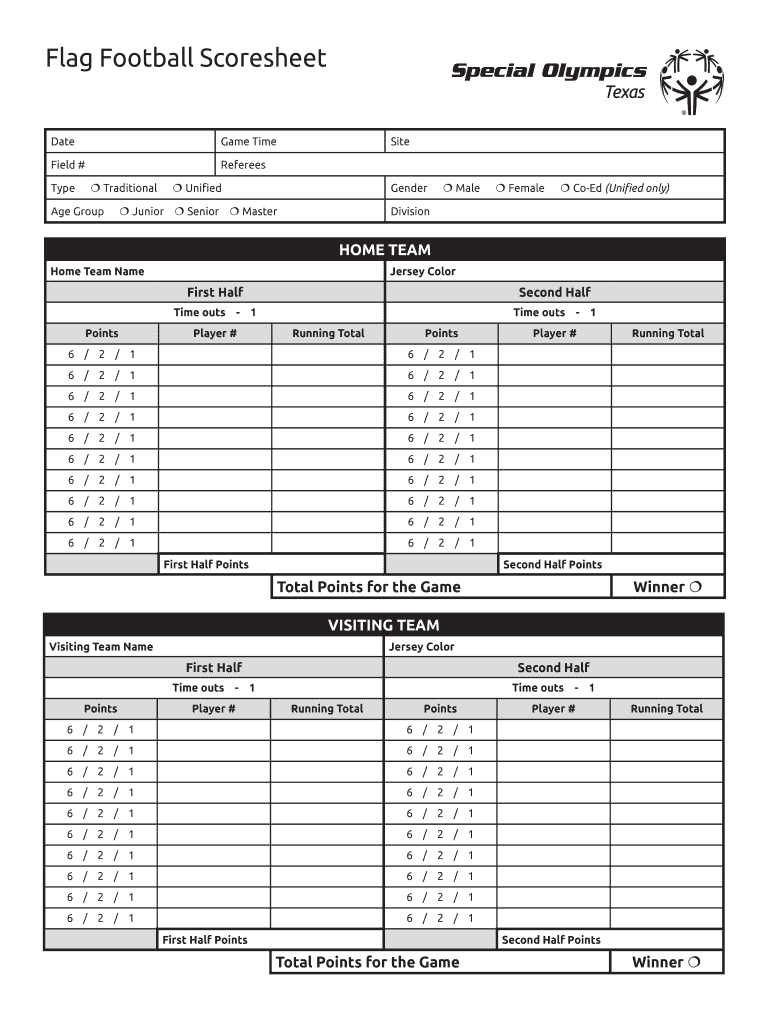 Flag Football Score Sheet Template  Form