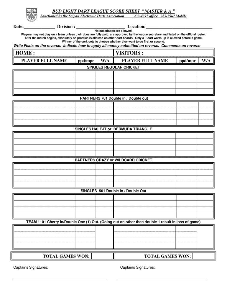Darts Score Sheet PDF  Form