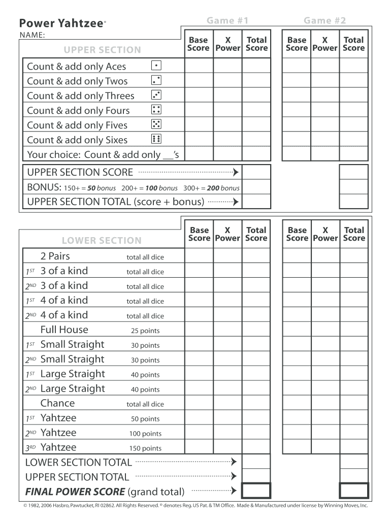 Power Yahtzee  Form