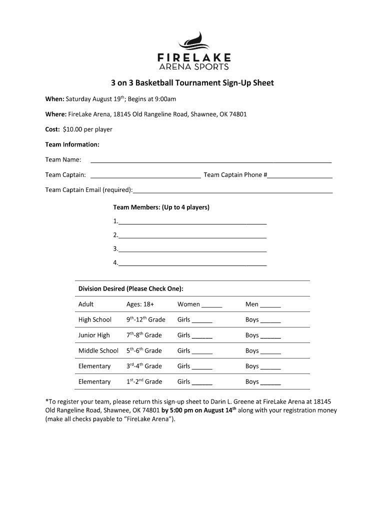 3 on 3 Basketball Tournament Sign Up Sheet Template  Form