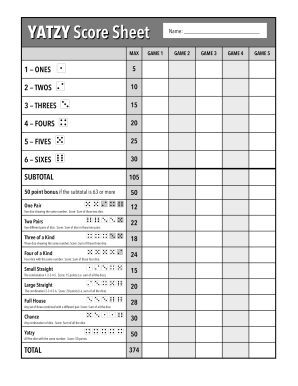 YATZY Score Sheet  Form