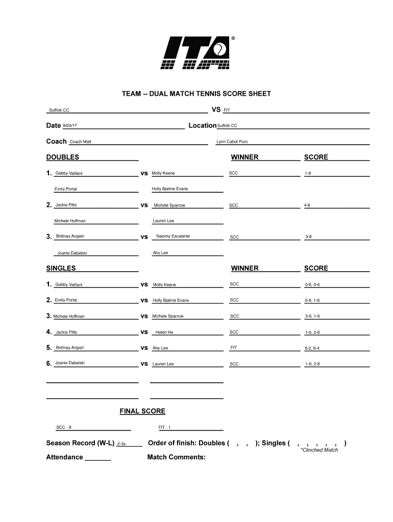 TEAM DUAL MATCH TENNIS SCORE SHEET  Form