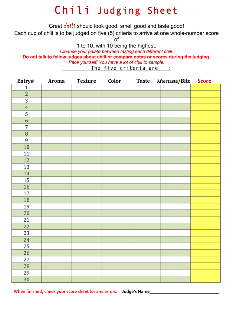 Chili Cook off Judging Sheet  Form