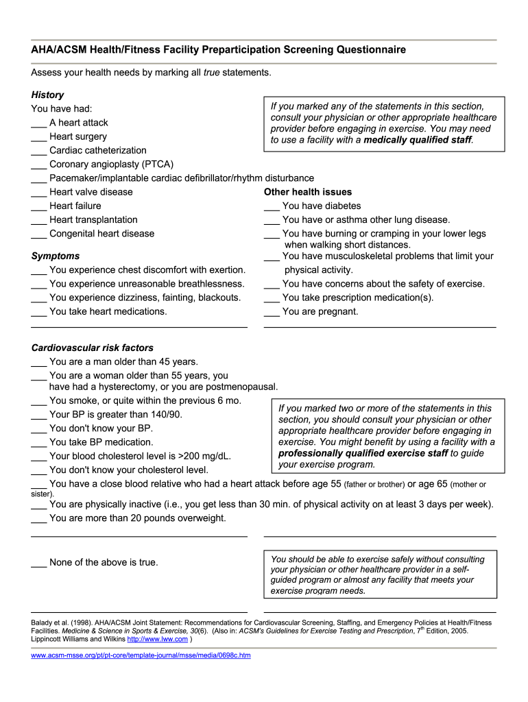 AHAACSM HealthFitness Facility Preparticipation Screening Questionnaire  Form