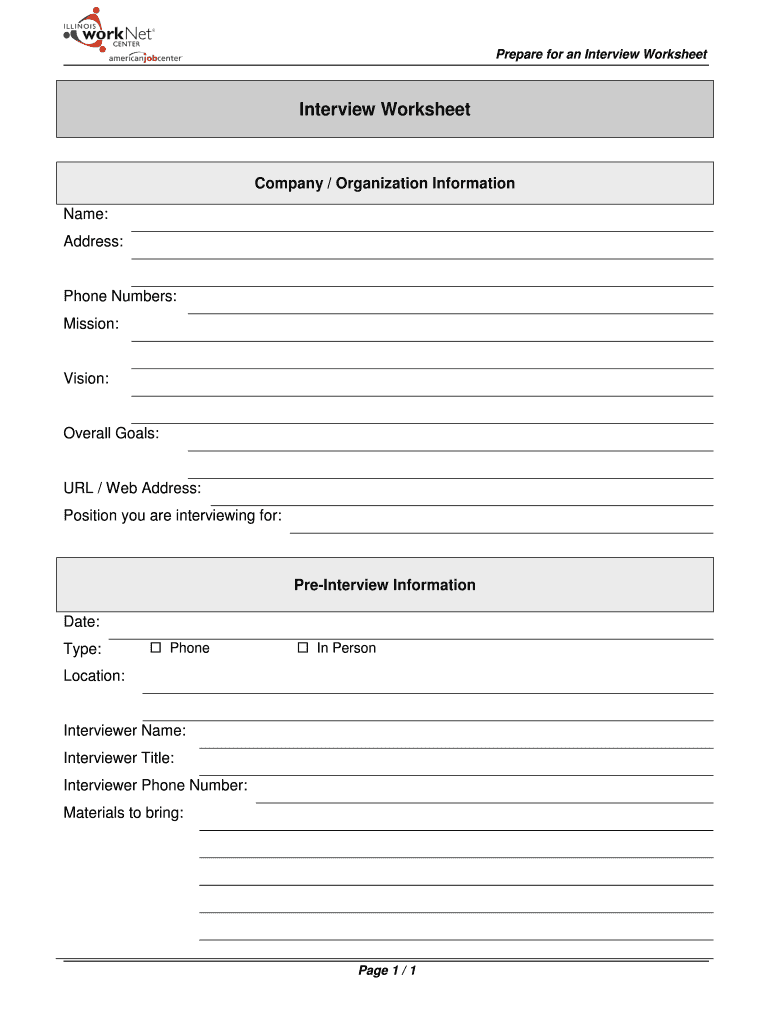 Prepare for an Interview Worksheet  Form