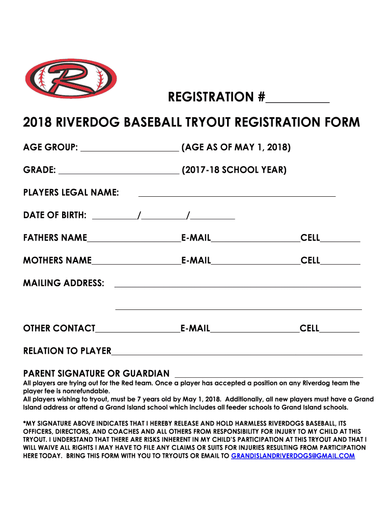 RIVERDOG BASEBALL TRYOUT REGISTRATION FORM