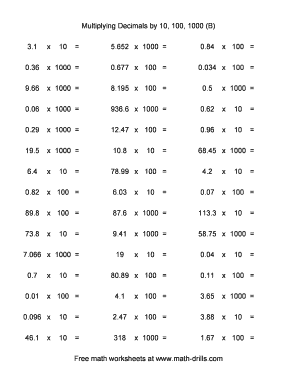 Multiplying Decimals by 10, 100, 1000 B  Form